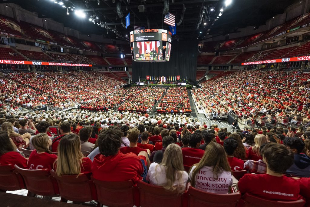 UW–Madison Chancellor Jennifer Mnookin addresses thousands of first-year and transfer students during the New Student Convocation.